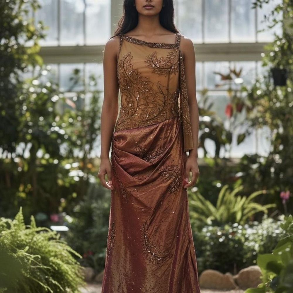 Vintage Mike Benet Beaded Formal Gown Copper Auburn Floor Length Couture Dress
